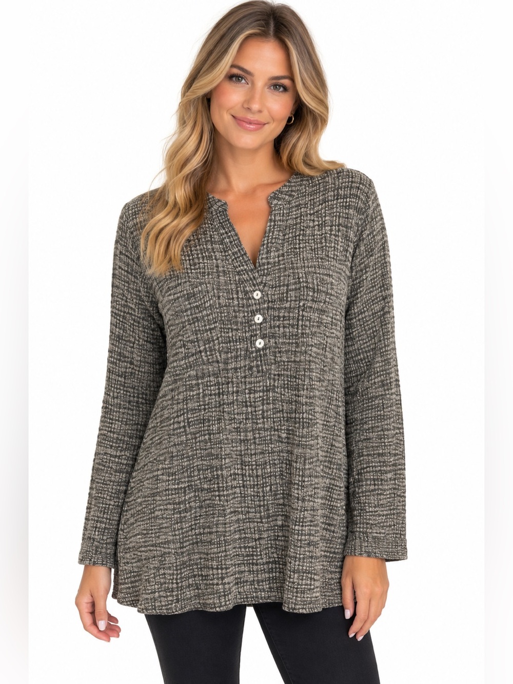 Soft Surroundings Heathered Gray Waffle Henley Tunic